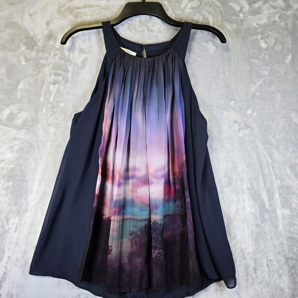PROMOD Sleeveless Halter Top Sheer Lined Sunset Tree Landscape Design Purple M-L